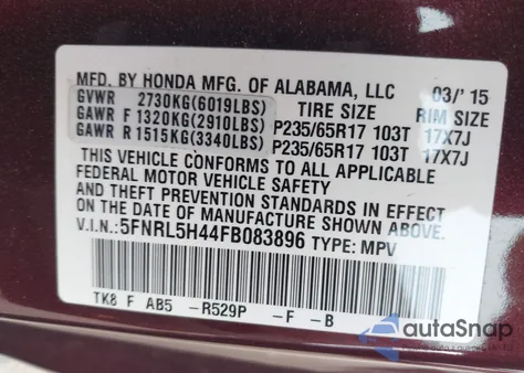 2015 Honda Odyssey Ex from USA, damaged, VIN 5FNRL5H44FB083896